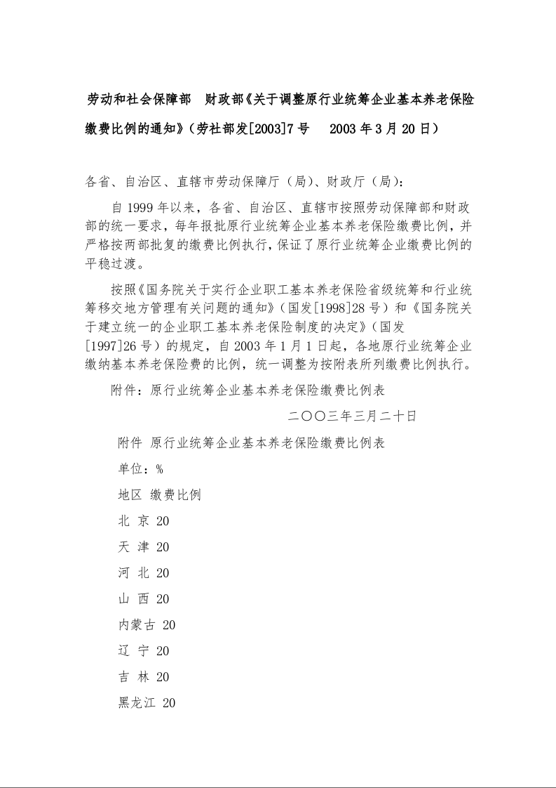 劳动和社会保障部 财政部《关于调整原行业统筹企业基本养老保险缴费比例的通知》