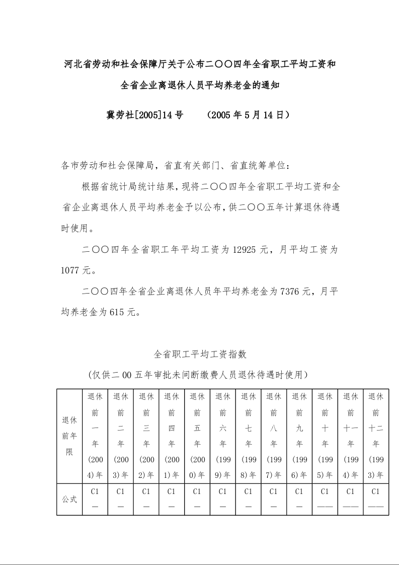 河北省劳动和社会保障厅关于公布二○○四年全省职工平均工资和全省企业离退休人员平均养老金的通知   