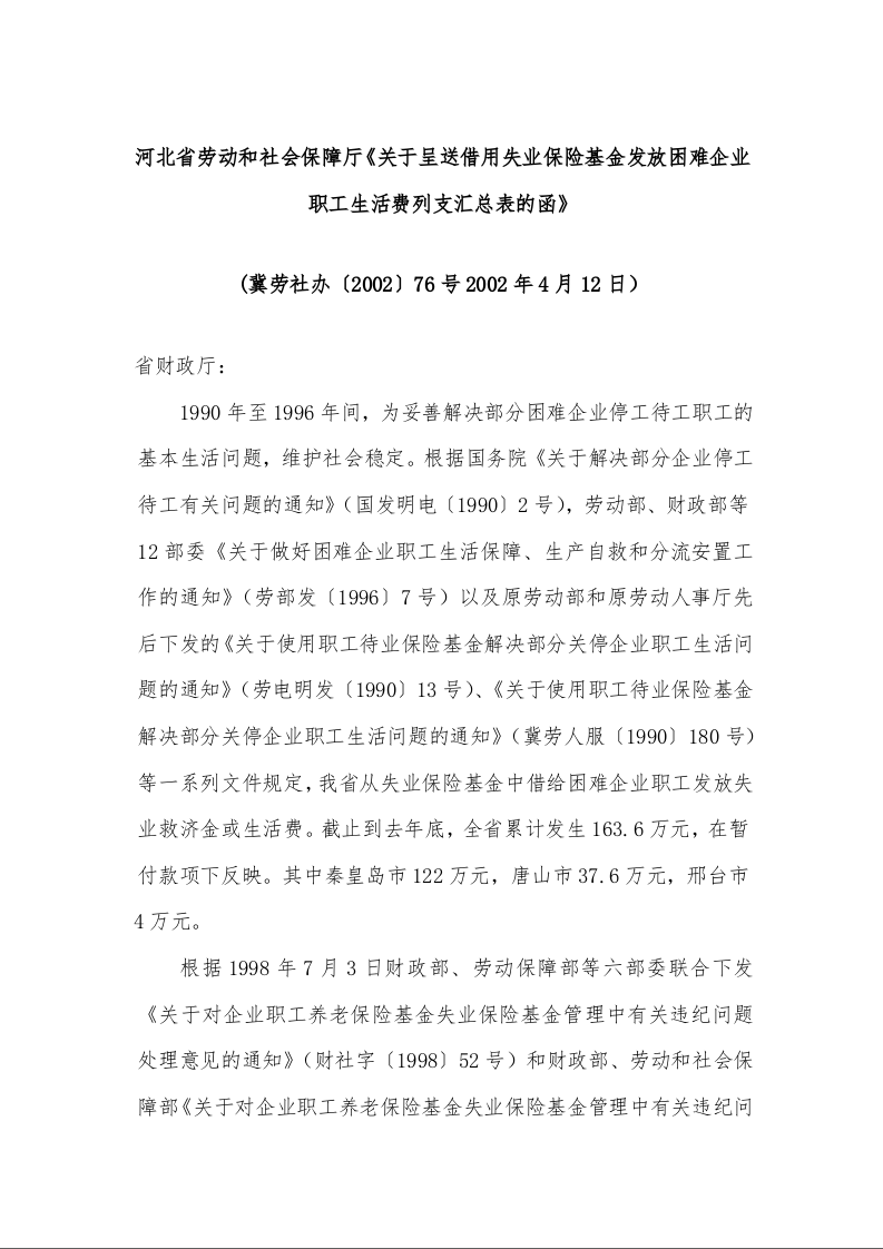 河北省劳动和社会保障厅《关于呈送借用失业保险基金发放困难企业职工生活费列支汇总表的函》 2002年4月12日）