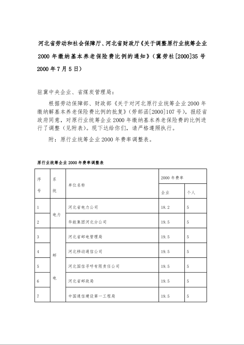 河北省劳动和社会保障厅、河北省财政厅《关于调整原行业统筹企业2000年缴纳基本养老保险费比例的通知》