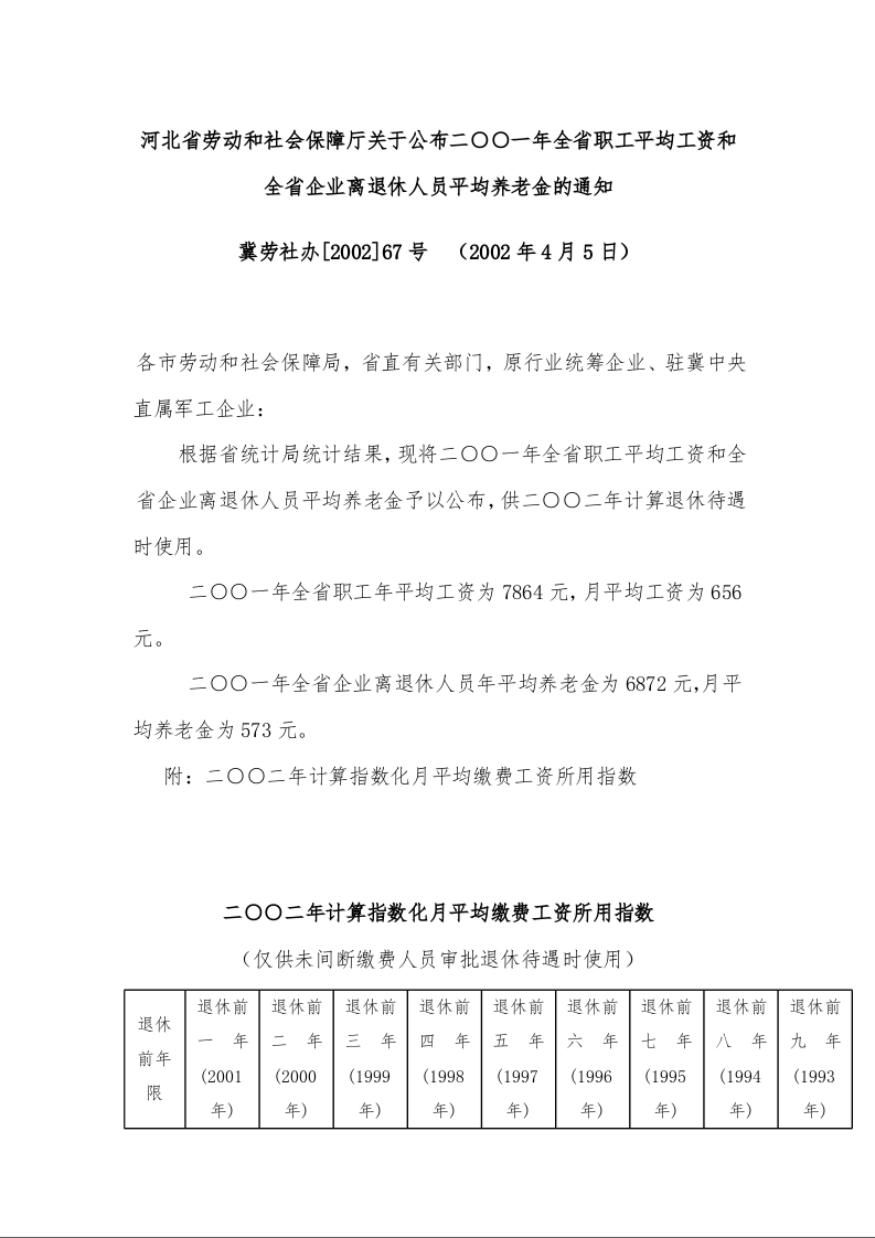 河北省劳动和社会保障厅关于公布二○○一年全省职工平均工资和全省企业离退休人员平均养老金的通知   
