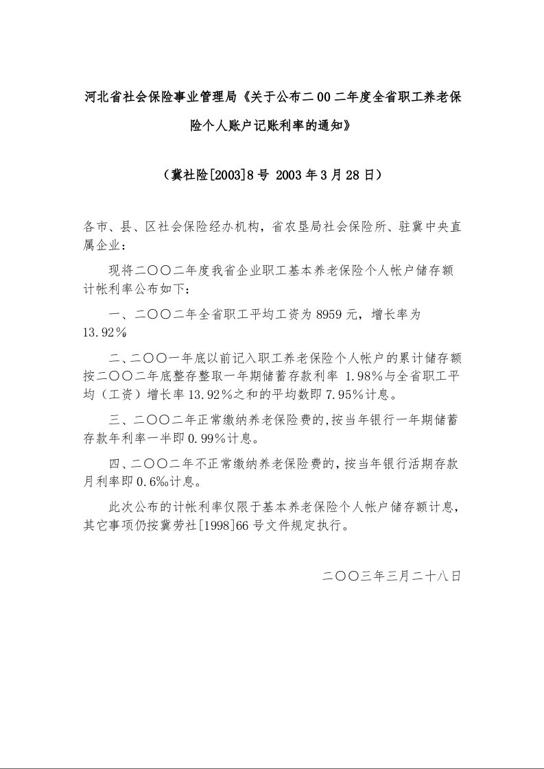 河北省社会保险事业管理局《关于公布二00二年度全省职工养老保险个人账户记账利率的通知》