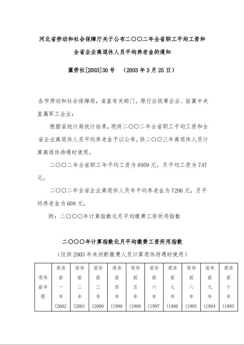 河北省劳动和社会保障厅关于公布二○○二年全省职工平均工资和全省企业离退休人员平均养老金的通知  