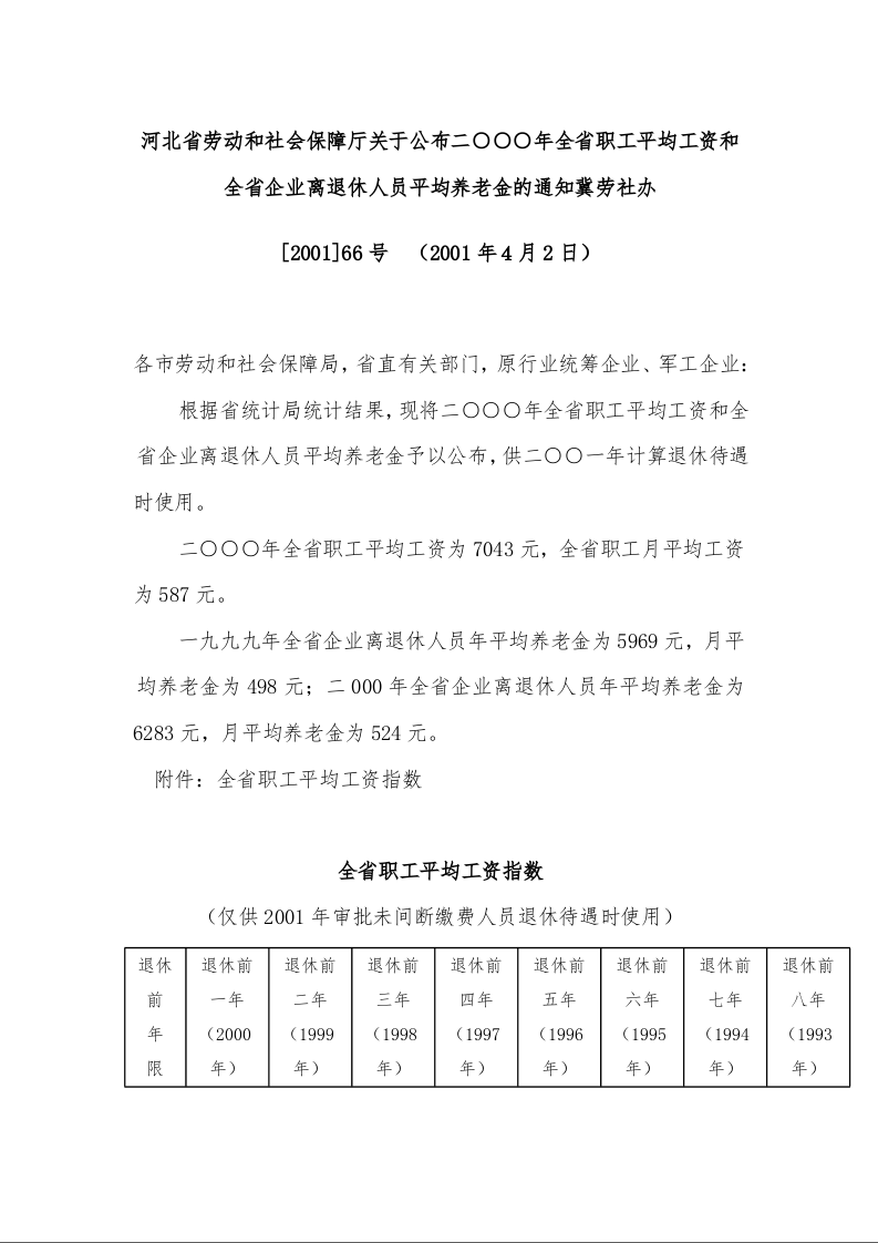 河北省劳动和社会保障厅关于公布二○○○年全省职工平均工资和全省企业离退休人员平均养老金的通知 