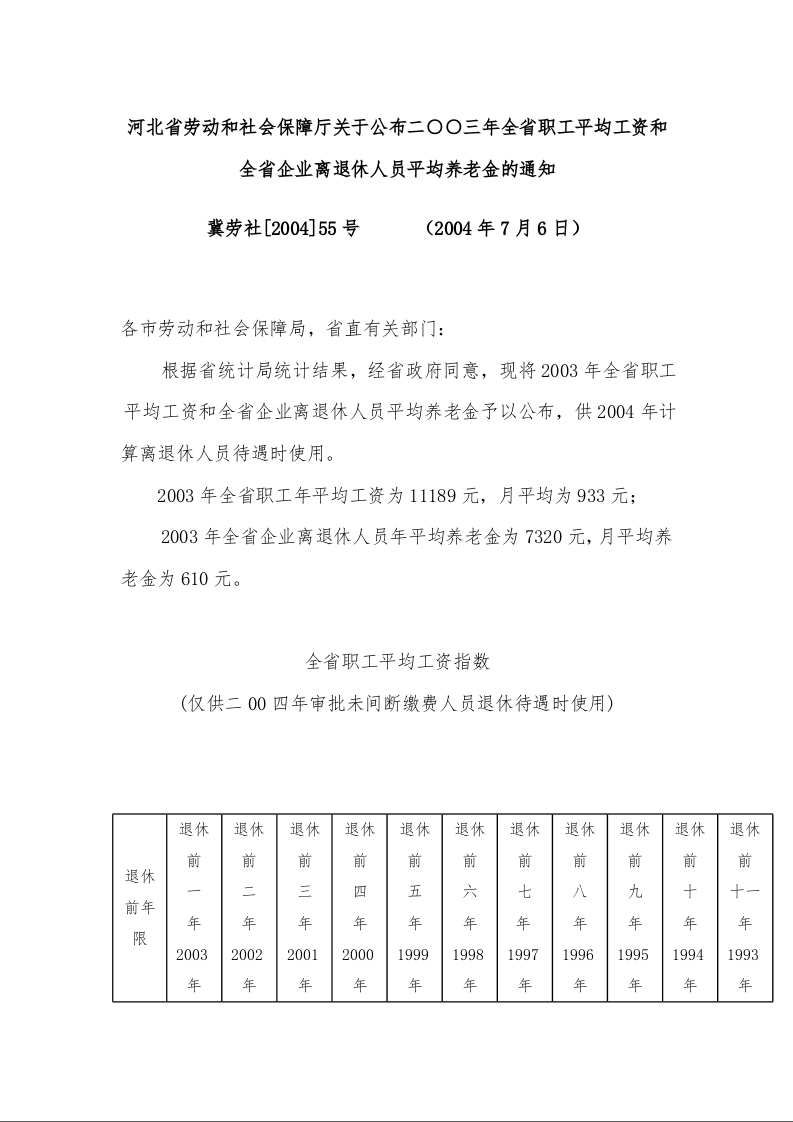 河北省劳动和社会保障厅关于公布二○○三年全省职工平均工资和全省企业离退休人员平均养老金的通知      