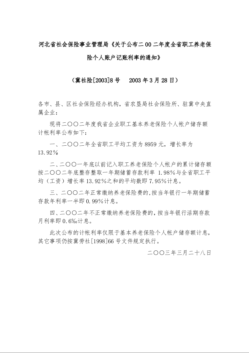 河北省社会保险事业管理局《关于公布二00二年度全省职工养老保险个人账户记账利率的通知》冀社险[2003]8号