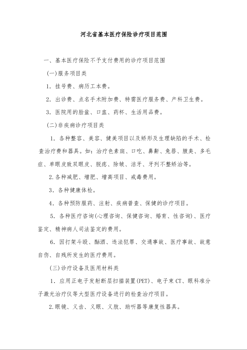 河北省基本医疗保险诊疗项目范围