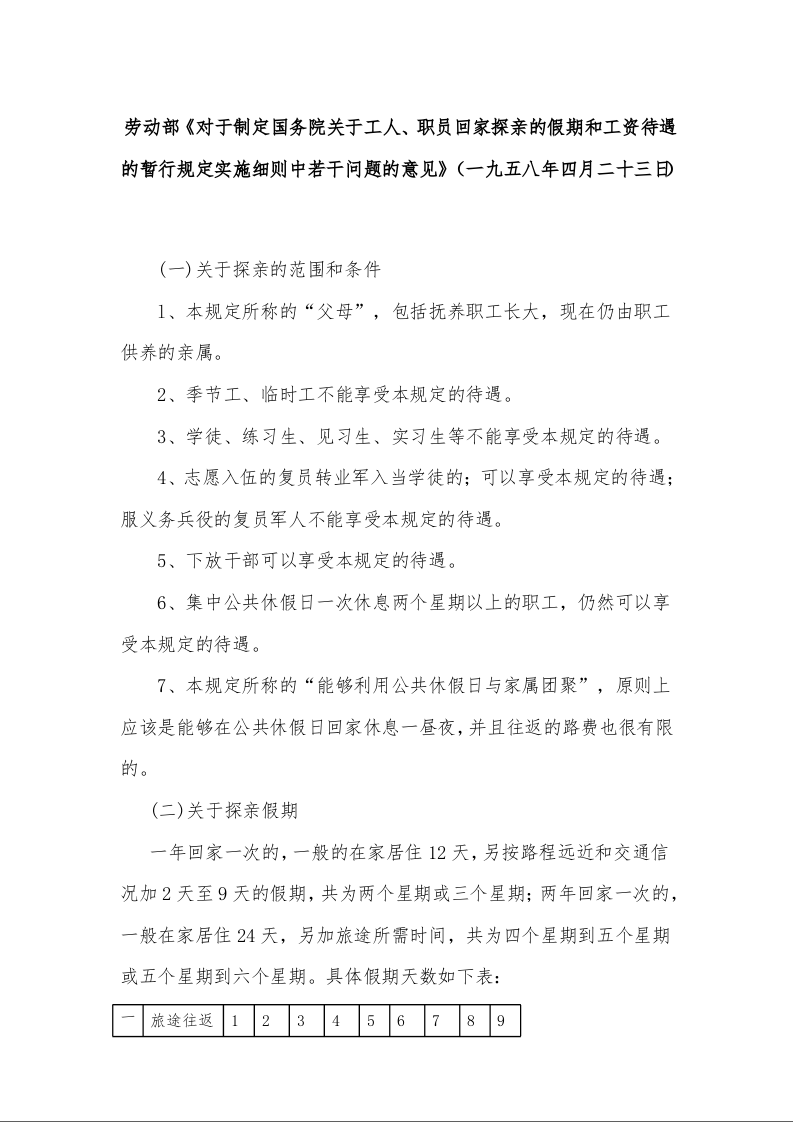 劳动部《对于制定国务院关于工人、职员回家探亲的假期和工资待遇的暂行规定实施细则中若干问题的意见》 （一九五八年四月二十三日）